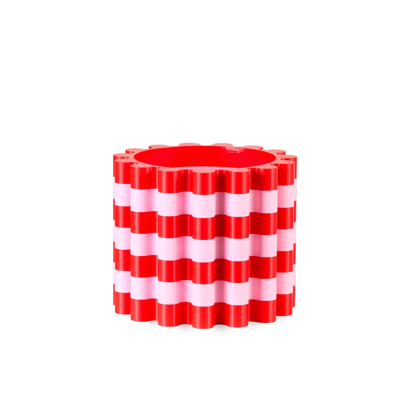 Red and white striped flowerpot on a white background