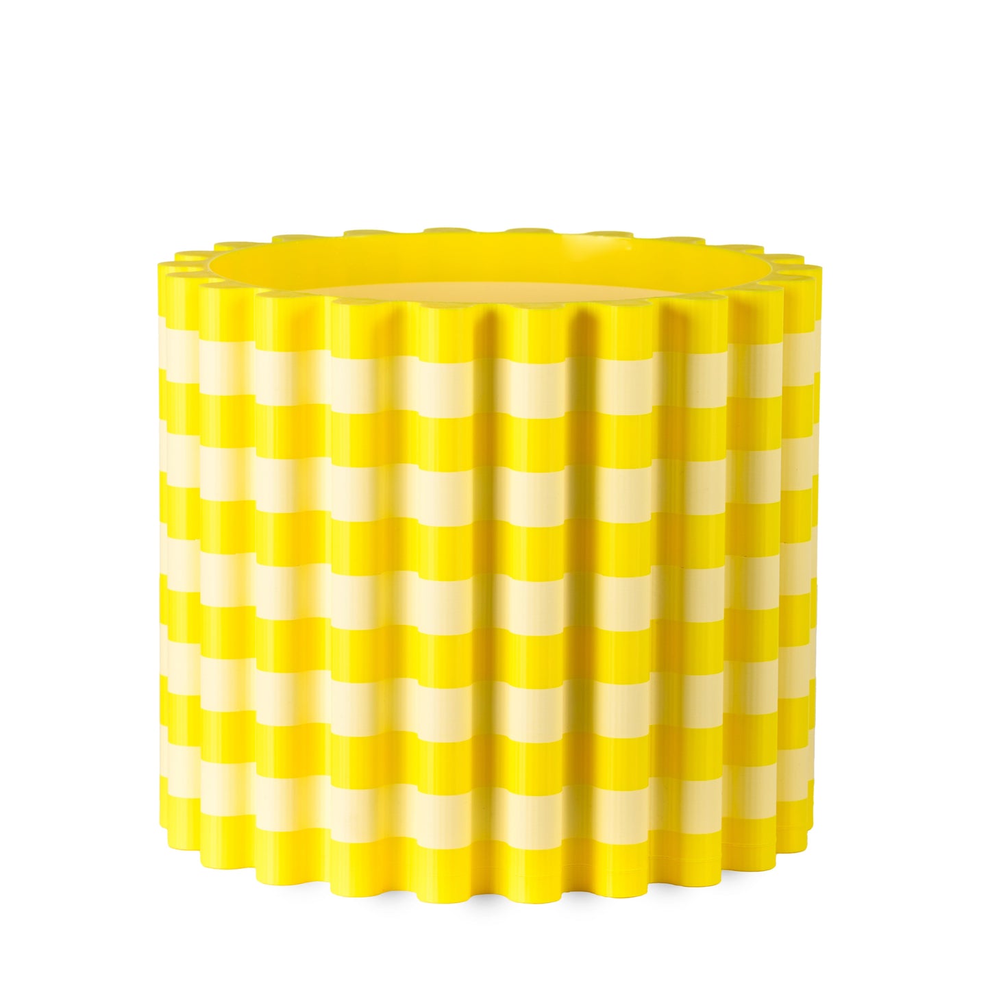 Yellow and white striped flowerpot on a white background