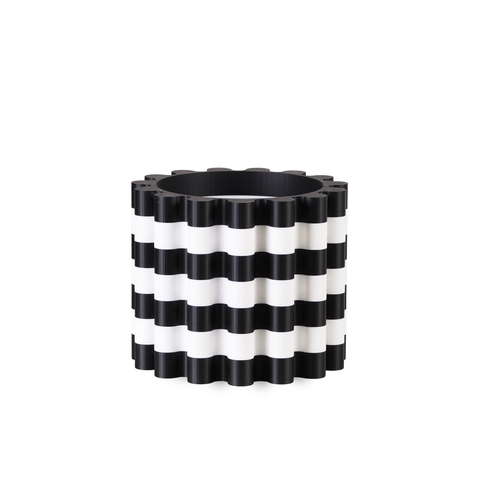 Black and white striped flowerpot on a white background