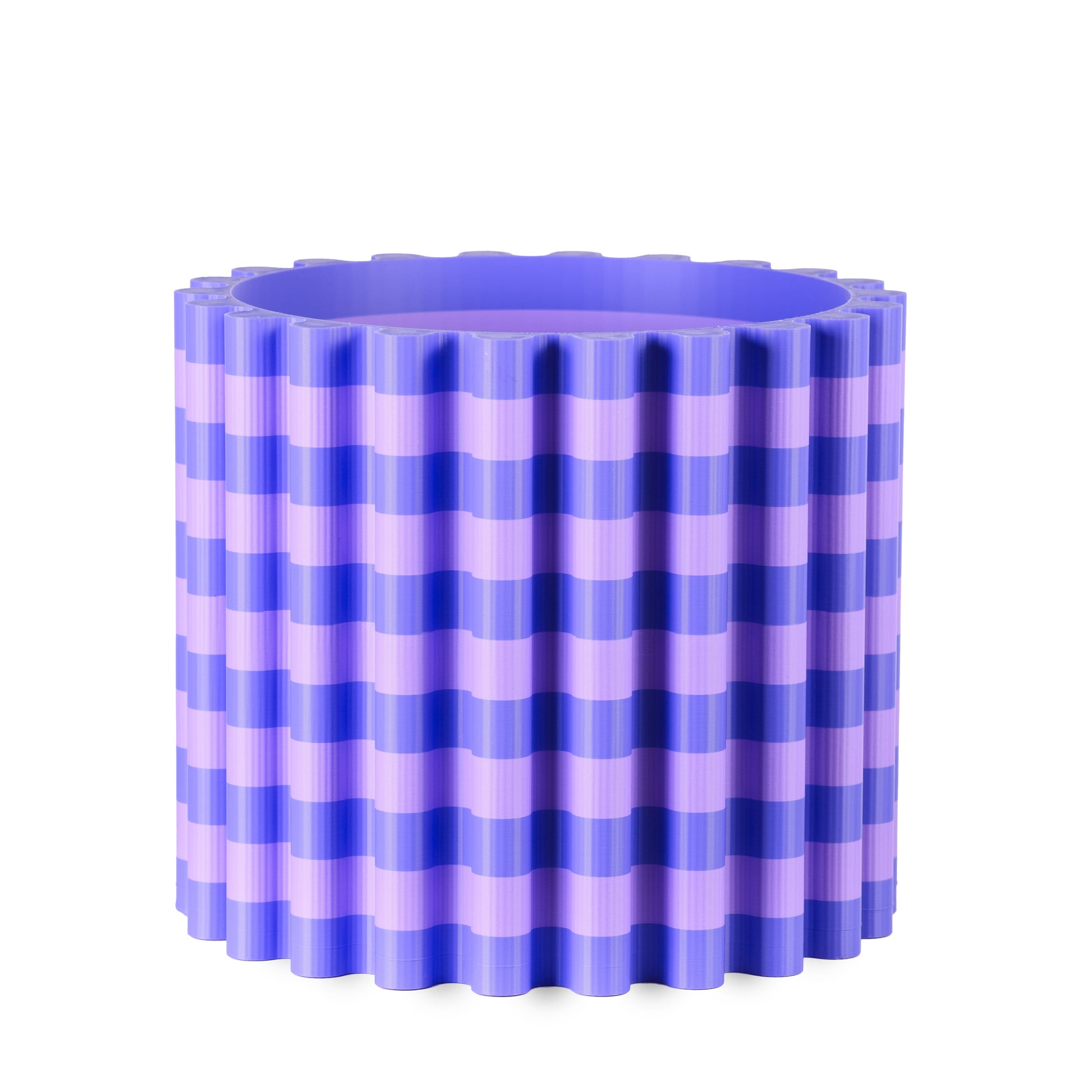 Blue and purple striped large flowerpot on a white background