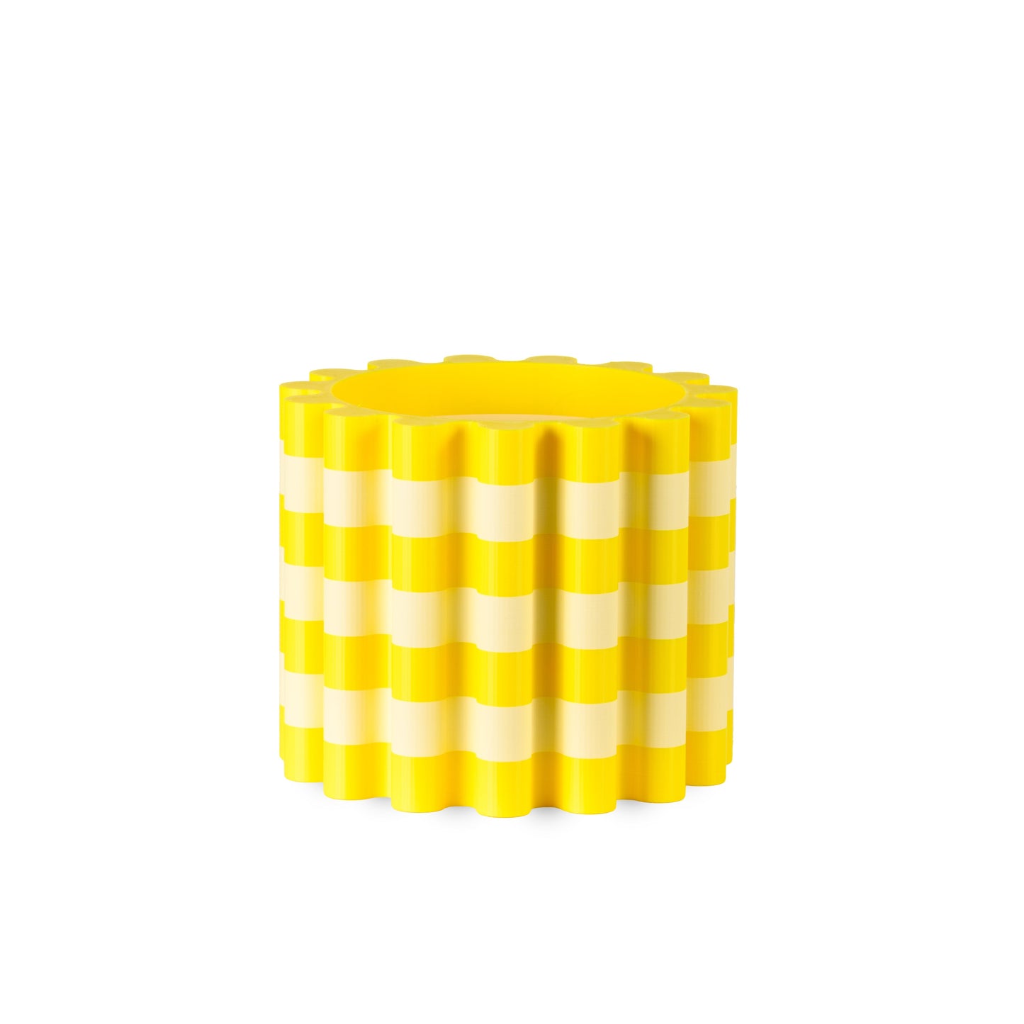Yellow and white striped flowerpot on a white background