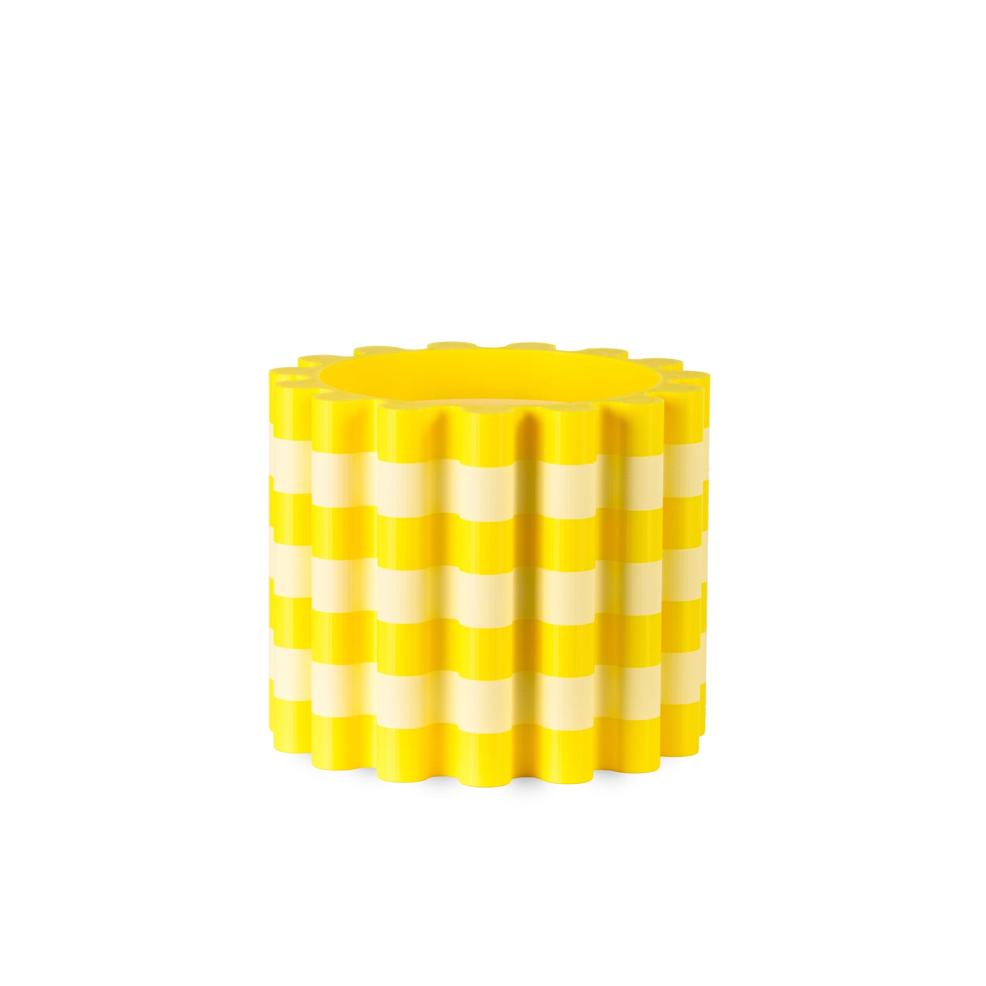 Yellow and white striped flowerpot on a white background